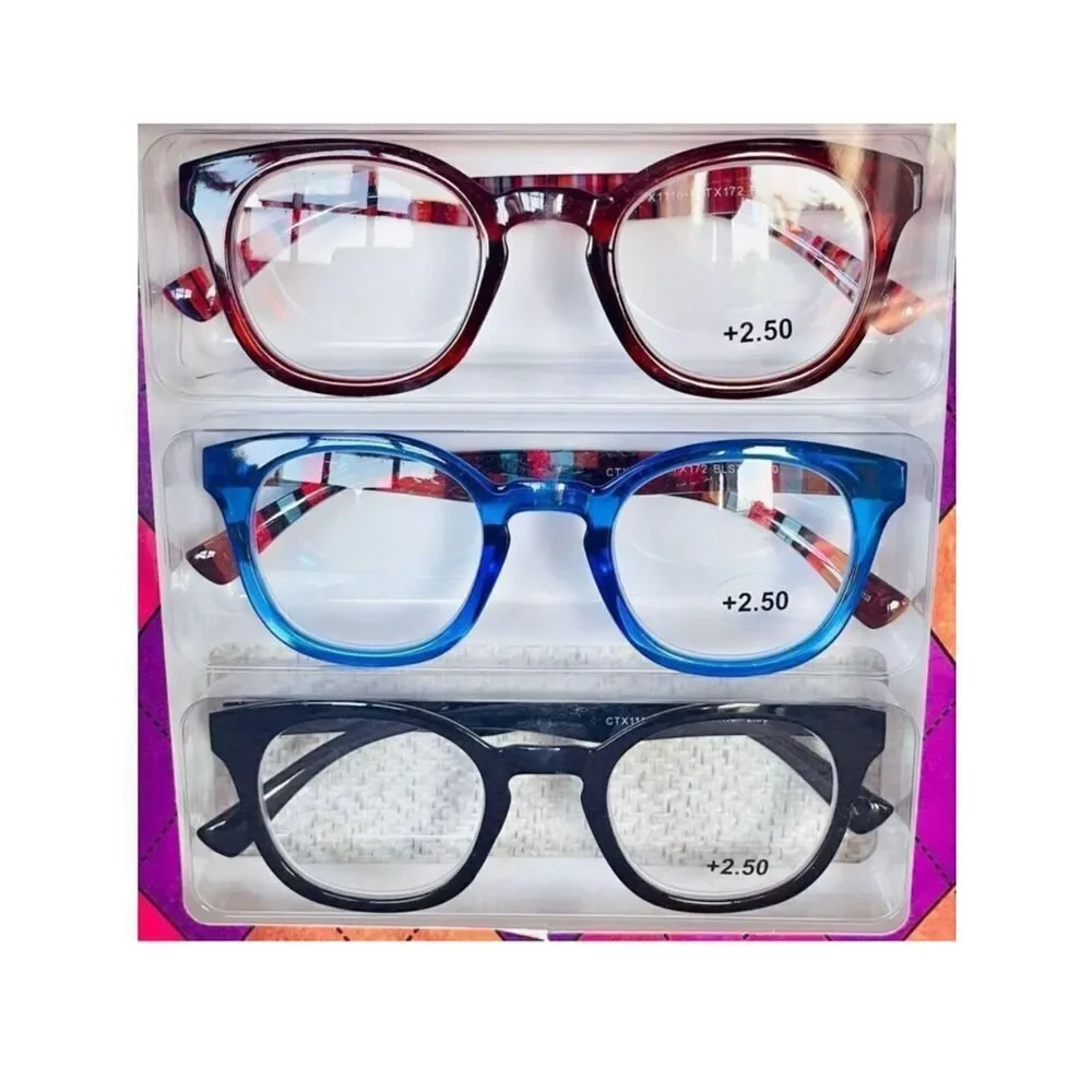 NWT 3 Pack 2.50 TAHARI Premium Eye Reading Glasses Black, Blue & Brown & Striped
